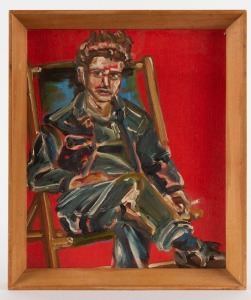 ARTIST UNKNOWN, (portrait of a seated man on red background), oil on canvas board, ​​​​​​​29 x 24cm, 33 x 28cm overall