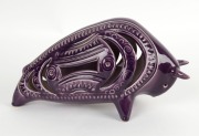 ELLIS pierced pottery bull statue with rare purple glaze, incised "Ellis, F38", ​​​​​​​16cm high, 30cm long - 2