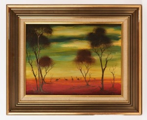 WILLIAM (BILL) BEAVAN (1944 - 2005) Emus and Northern Gums, acrylics on board, signed and dated '70 lower right, 36 x 46cm; framed 46 x 56cm overall.