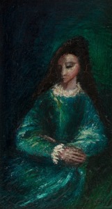 WILLIAM DREW (1928 - 1983) Girl on Green, oil on board, signed and dated '71 lower right, 18 x 10.5cm; framed 36 x 28cm overall.