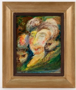 NEVILLE MIRVANE BUNNING (1902 - 1990) The Lady with the Cats, mixed media on board, signed lower right; titled verso, ​​​​​​​24 x 19cm; framed 34 x 29cm overall.