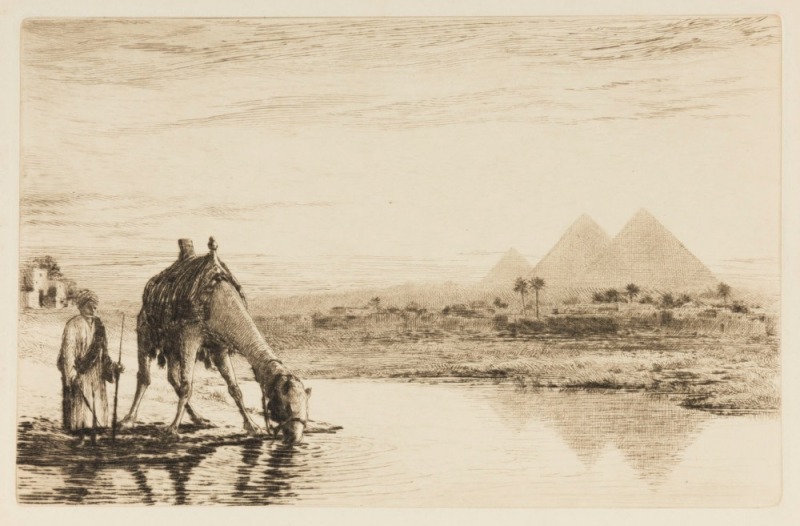 ERNEST EDWIN ABBOTT (1888 - 1973), I.) Reflections on the Nile, II.) Carpet Bazaar, III.) Dhow Reflections, IV.) Distant Pyramids, etchings, circa 1930, 3 titled verso,  3 authenticated verso by son, R.D. Abbott; various sizes. 