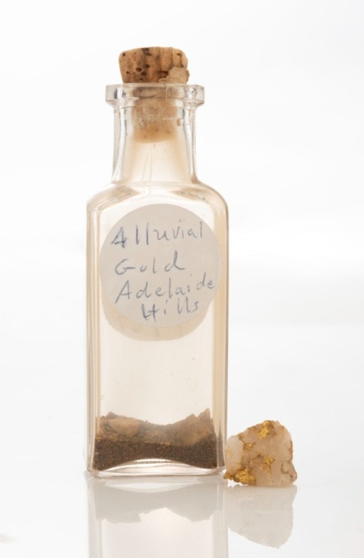 BENDIGO goldfields ore specimen, together with a vial of alluvial gold from the Adelaide Hills,