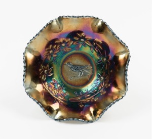 Cobalt carnival glass "Magpie" bowl by Crown Crystal, circa 1930, ​​​​​​​14.5cm wide