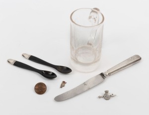 An eclectic group comprising an Exhibition souvenir glass beer mug with fern etched decoration engraved "WILLIAM, 1885", an antique silver handled knife emblazoned "ADELAIDE STEAMSHIP Co.", two horn and silver teaspoons, an RAAF button, military brooch an