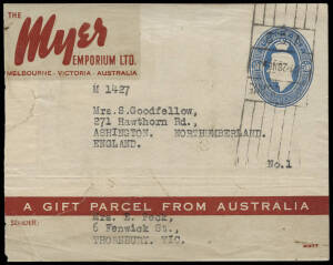 1946 Myer Food Parcel Labels; 5/10 Label used Melbourne - England, repaired tears from lifting from the parcel, nevertheless a rare survivor. 3/7 maroon part used piece and 5/10 blue mint cut out.