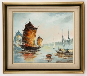 AVRIL FOENANDER, Junk in harbour, oil on artists board, signed lower left, ​​​​​​​46 x 53cm; framed 64 x 71cm overall