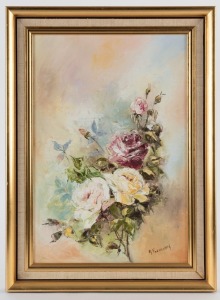 AVRIL FOENANDER, Roses 1, oil on artists board, signed lower right, 46 x 31cm; framed 54.5 x 40cm overall