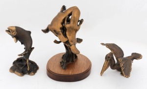 Three bronze animal statues comprising a rising trout (initialled "BB"?), a pelican (signed "Pete Smit") and a pair of platypii (marked "8/50"and initialled "BB"?),  the largest 16cm high