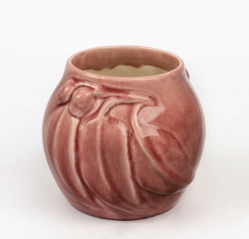 MELROSE WARE pink glazed vase with gumnuts and leaves, stamped "Melrose Ware, Australian", ​​​​​​​12cm high