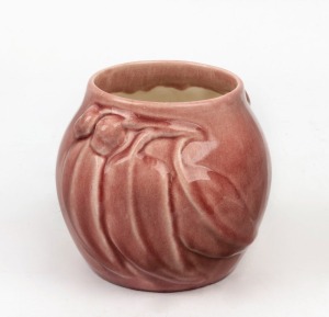 MELROSE WARE pink glazed vase with gumnuts and leaves, stamped "Melrose Ware, Australian", 12cm high