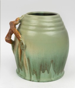 REMUED beehive shaped pottery vase with branch handle, glazed in green and brown, incised "Remued, 18L", an imposing 28cm high, 25cm wide