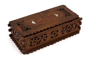An antique Australian folk art pierced timber box with marquetry bird decoration and mother of pearl, South Australian origin, 19th/20th century, 9.5cm high, 34cm wide, 15cm deep