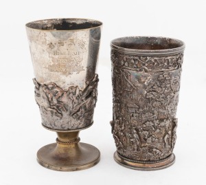 ATHLETICS silver plated trophy beaker, engraved to the base "BRIGHTON SCHOOLS, Athletics Sports 100 yards Open 1st Prize, Won By G.H. ARMITAGE, Oct.r 9th, 1879"; together with a "HIGH JUMP" silver plated trophy chalice also won by Armitage, (2 items) 14cm and 16cm high