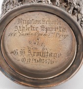 ATHLETICS silver plated trophy beaker, engraved to the base "BRIGHTON SCHOOLS, Athletics Sports 100 yards Open 1st Prize, Won By G.H. ARMITAGE, Oct.r 9th, 1879"; together with a "HIGH JUMP" silver plated trophy chalice also won by Armitage, (2 items) 14cm - 2