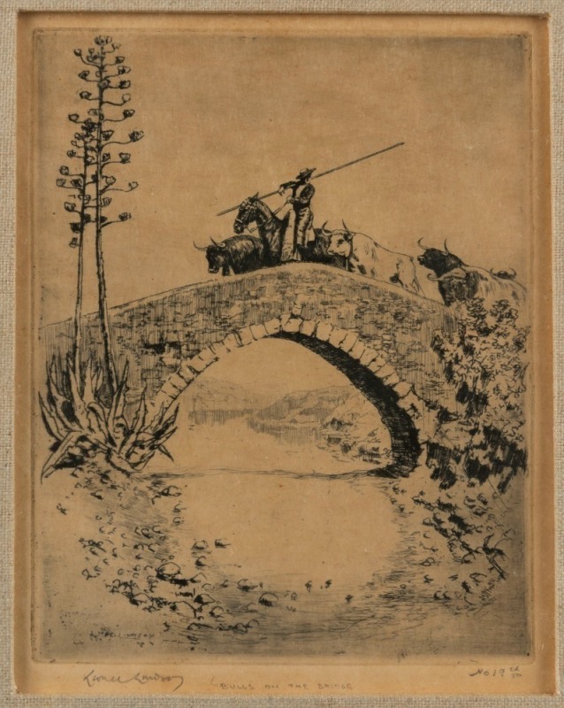 LIONEL LINDSAY (1874-1961), Bulls On The Bridge, etching, signed lower left "Lionel Lindsay", 17 x 13cm, 36 x 33cm overall