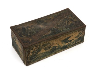 A "Kandy Koola Coupon Box", circa 1900, made by The Federal Tinsmith Co., with printed lithographic decorations by Troedel & Co. 21 x 10 x 7cm. Kandy Koola was a brand of tea.