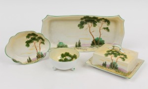 NORITAKE "GUMTREE" Japanese porcelain butter dish and cover, sandwich tray, and two bowls, circa 1930, (4 items), the tray 29.5