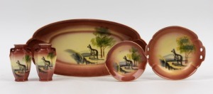 NORITAKE "KANGAROO" Japanese porcelain tray, two vases and two bowls, circa 1930, (5 items), the tray 29cm wide