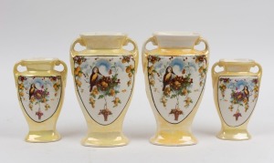 HANLEY "Kookaburra & Wattle" group of four English porcelain vases, black factory mark to the bases, 20cm and 15.5cm high