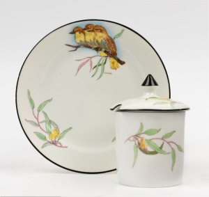 J.A. CRISP "Kookaburra & Wattle" English porcelain lidded jam pot and side plate, stamped "Collingwoods Bone China England", ​​​​​​​the plate15cm diameter