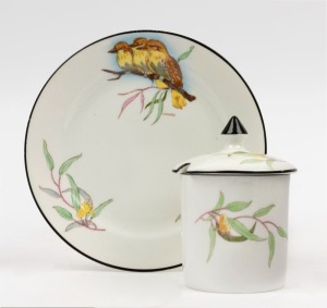 J.A. CRISP "Kookaburra & Wattle" English porcelain lidded jam pot and side plate, stamped "Collingwoods Bone China England", the plate15cm diameter