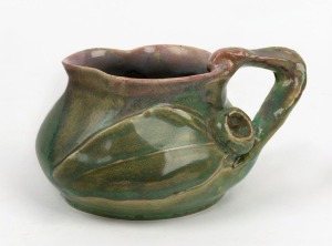 REMUED pottery vase with applied branch handle, gumnut and leaf, incised "Remued, Hand Made, 173/SM", 7cm high, 13cm wide