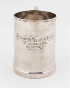 "MELBOURNE SCRATCH FOURS No.1 A.D. MICHIE, SEP.R. 4th 1867", Australian silver plated trophy tankard, ​​​​​​​12cm high, 13cm wide