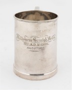 "MELBOURNE SCRATCH FOURS No.1 A.D. MICHIE, SEP.R. 4th 1867", Australian silver plated trophy tankard, ​​​​​​​12cm high, 13cm wide