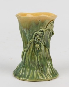 ERIC BRYCE CARTER green and yellow glazed pottery vase with applied gumnuts and leaves, incised "E. Bryce Carter, Sydney", ​​​​​​​8.5cm high