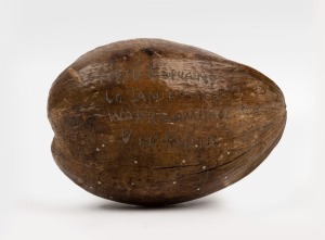 A coconut with carved inscription "MRS. D. CAPUANO, 60 JAMIESON ST WARRNAMBOOL, VICTORIA", 20th century, ​​​​​​​21cm long