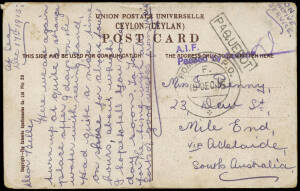 Group; WWI x4 incl. 1915 (Dec.17) stampless censored postcard to Sth. Aust, with boxed "PAQUEBOT" and &nbsp;Bombay GPO cancel (Gallipoli evacuation?) and 1918 (Aug.17) p/card with 1d red KGV Die III; WWII x4 incl. 1939 On Active Service censored cover to Tasma