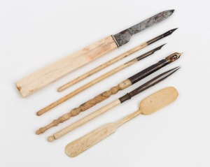 Six assorted antique whalebone implements including a pen, quill knife and quills, 19th century, the knife15.5cm long