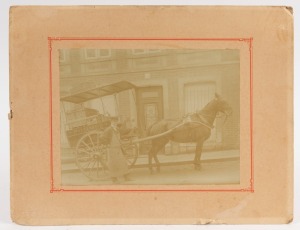 Two antique albumen photographs of commercial horse and carts including MENZ BISCUITS (Adelaide) by T. McGann, and POMMEL, late 19th century. Both laid down on original card mounts. sheet size 15 x 22.5cm and 16.5 x 22cm