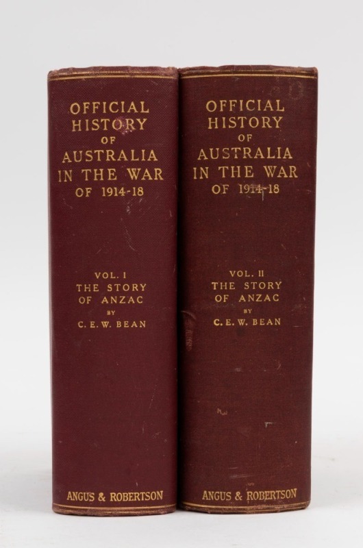 BEAN, C.E.W. "Official History Of Australia In The War Of 1914-18" published by Angus & Robertson [Syd. 1934] 3rd edition, 2 vol. hardback in maroon boards with gilt lettering on the spines