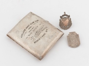 "ADELAIDE HUNT CLUB CUP, 1921, Won By The Navy, To A C. WESTON (Rider), Bobby Mac 2nd" sterling silver trophy cigarette case; together with a sterling silver and rose gold fob engraved "C.L.B. 1907, ST. STEPHENS Co. Won By Corp. A. TURNER", and a STOKES & SON 1935 Melbourne brooch, (3 items)