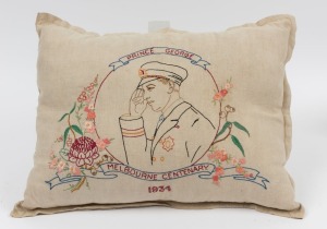 "MELBOURNE CENTENARY, 1934" folk art embroidered cushion with portrait of prince George, 53cm wide