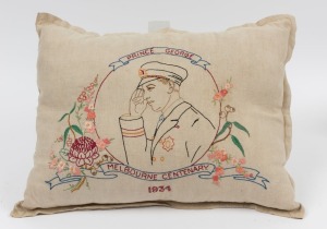 "MELBOURNE CENTENARY, 1934" folk art embroidered cushion with portrait of prince George, ​​​​​​​53cm wide