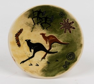 MARTIN BOYD pottery wall plaque with kangaroos, Aboriginal figures and symbols, incised "Martin Boyd, Australia", ​​​​​​​13cm diameter