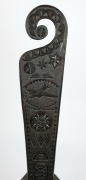 An antique spinner's chair with later WW2 period folk art chip carving displaying American and Australian flags, rising sun, propeller, wings and aeroplanes, ​​​​​​​125cm high - 4