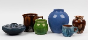 BENDIGO POTTERY jug, BERYL ARMSTRONG pottery mug, REGAL MASHMAN brown glazed vase, WENDY WILDING blue pottery vase, green pottery vase (possibly Campbell), and a pottery flower aide vase, (6 items), the largest 18cm high