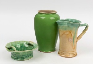 REMUED green glazed pottery bowl and jug, together with a green glazed pottery vase (possibly P.P.P.), (3 items), the largest 19cm high