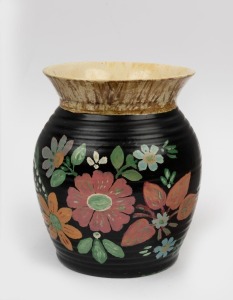 REMUED pottery vase with later hand-painted floral decoration, incised "Remued 23", 22cm high