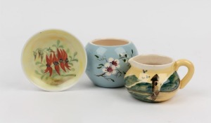 MARTIN BOYD blue floral pottery vase, a GUY BOYD yellow pottery jug, and a hand-painted porcelain dish signed "D. LANDS", (3 items), the vase 6.5cm high