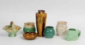ERIK JUCKERT pottery vase, McHUGH pottery vase, JOHN CAMPBELL pottery ashtray and vase, REMUED pottery vase and basket, plus an Aboriginal face jug, (7 items), the largest 21cm high