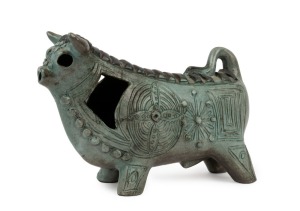 McLAREN green glazed pottery bull, incised "McLaren", 18cm high, 24cm long