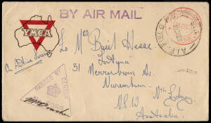 1941 (Oct.23) YMCA cover, Johore, Mersing to Sydney NSW, with red "POSTAGE PAID / 25 CENTS /JOHORE" imprint, "A.I.F. FIELD P.O. No.18" cds and violet censor mark. Very fine.