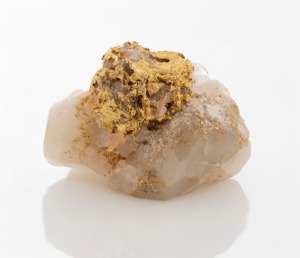 Australian gold nugget specimen on quartz ore, Victorian goldfields, 1cm wide, 2.5 grams total