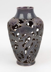KLYTIE PATE mauve glazed pierced pottery vase, A/F. incised "Klytie Pate", 28cm high