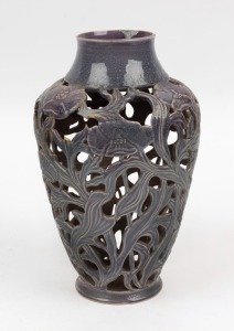 KLYTIE PATE mauve glazed pierced pottery vase, A/F. incised "Klytie Pate", ​​​​​​​28cm high